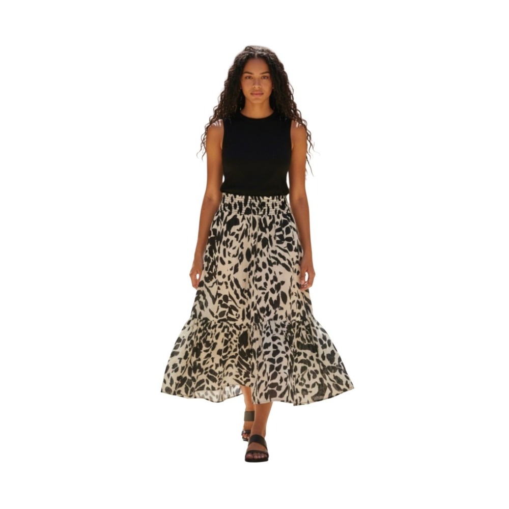 Sanctuary Ivory Black Animal Print Ruffle Hem Midi/Maxi‎ Skirt Pull On S NWOT